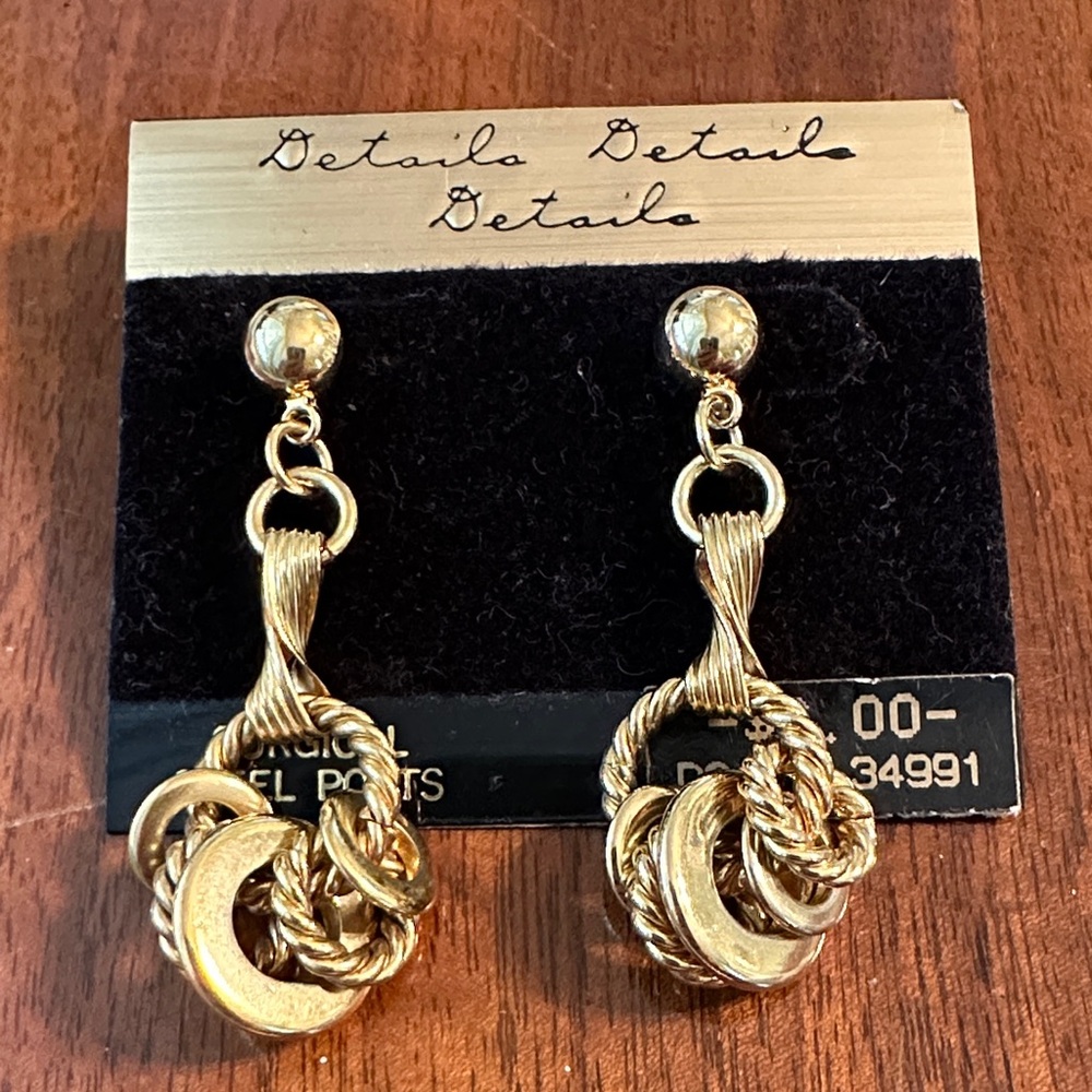 Vintage 80s New on Card Shiny‎ Gold Post Drop/Dangle Rings & Circles Earrings